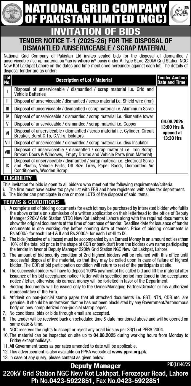 National Grid Company of Pakistan Limited Lahore Tender Notice